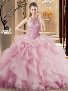 Inexpensive Pink Sleeveless Beading and Ruffles Lace Up Quinceanera Gown