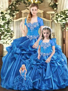 Dynamic Sleeveless Organza Floor Length Lace Up Sweet 16 Dresses in Blue with Beading and Ruffles