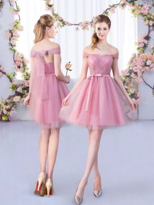 Trendy Pink Tulle Lace Up Dama Dress Sleeveless Mini Length Belt