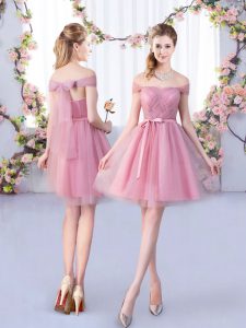 Trendy Pink Tulle Lace Up Dama Dress Sleeveless Mini Length Belt