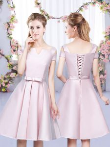 Trendy Off The Shoulder Sleeveless Lace Up Dama Dress for Quinceanera Baby Pink Satin