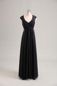 Traditional Floor Length Black Evening Dress Chiffon Cap Sleeves Lace