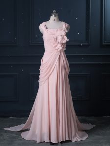 Extravagant Straps Sleeveless Brush Train Zipper Prom Party Dress Pink Chiffon