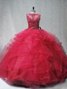Beading and Ruffles Quinceanera Dress Coral Red Lace Up Sleeveless Brush Train
