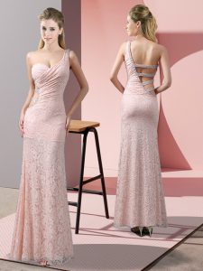 Classical Floor Length Baby Pink Homecoming Dress One Shoulder Sleeveless Criss Cross