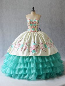 Fitting Sleeveless Satin and Organza Floor Length Lace Up Sweet 16 Dresses in Aqua Blue with Embroidery and Ruffled Layers