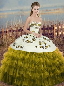 Perfect Embroidery and Ruffled Layers and Bowknot Quinceanera Dress Olive Green Lace Up Sleeveless Floor Length