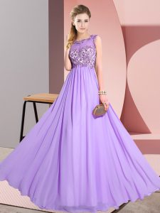 Lavender Empire Chiffon Scoop Sleeveless Beading and Appliques Floor Length Backless Quinceanera Dama Dress