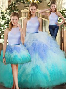 Classical High-neck Sleeveless 15 Quinceanera Dress Floor Length Ruffles Multi-color Tulle