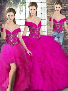 Floor Length Fuchsia 15th Birthday Dress Tulle Sleeveless Beading and Ruffles