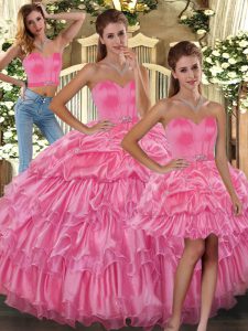 Rose Pink Organza Lace Up Sweetheart Sleeveless Floor Length Quinceanera Dresses Ruffled Layers and Pick Ups