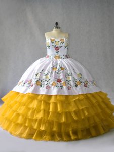 Romantic Sleeveless Organza Floor Length Lace Up 15 Quinceanera Dress in Gold with Embroidery and Ruffled Layers