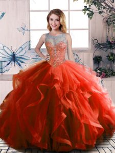Flirting Rust Red Lace Up Quinceanera Gowns Beading and Ruffles Sleeveless Floor Length