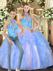 Multi-color Lace Up Halter Top Embroidery and Ruffles Vestidos de Quinceanera Tulle Sleeveless