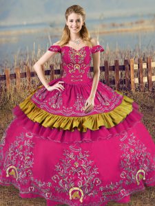 Fuchsia Ball Gowns Embroidery Sweet 16 Dresses Lace Up Organza Sleeveless Floor Length