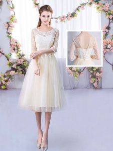 Champagne Tulle Lace Up Scoop Half Sleeves Tea Length Court Dresses for Sweet 16 Lace