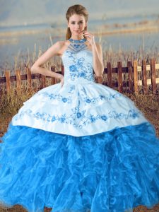 Comfortable Baby Blue Sleeveless Embroidery and Ruffles Lace Up 15 Quinceanera Dress
