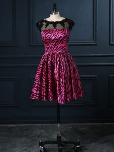 Popular Mini Length Hot Pink Evening Dress Printed Cap Sleeves Lace