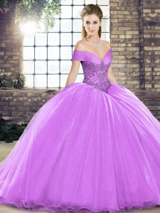 Fashion Lavender Off The Shoulder Neckline Beading Quinceanera Gowns Sleeveless Lace Up