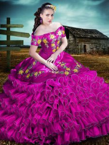 Fuchsia Organza Lace Up Sweet 16 Quinceanera Dress Sleeveless Floor Length Embroidery and Ruffles