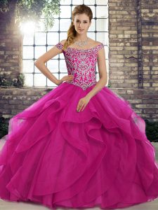Chic Ball Gowns Sleeveless Fuchsia Quinceanera Dresses Brush Train Lace Up
