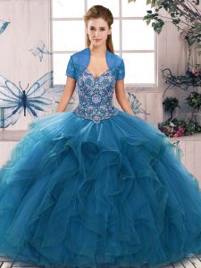 Flare Tulle Sleeveless Floor Length Ball Gown Prom Dress and Beading and Ruffles