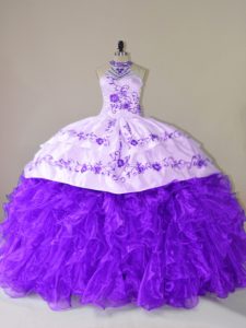 Hot Selling Purple Quinceanera Gowns Organza Court Train Sleeveless Embroidery and Ruffles