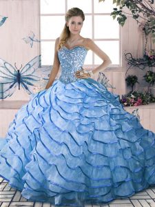 Excellent Sweetheart Sleeveless Quinceanera Dresses Brush Train Beading and Ruffles Blue