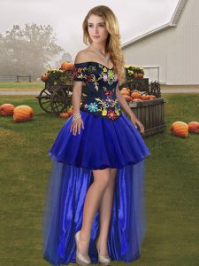 Sweet Royal Blue A-line Tulle Off The Shoulder Sleeveless Embroidery High Low Lace Up Prom Party Dress