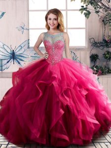 Ball Gowns Quinceanera Gowns Fuchsia Scoop Tulle Sleeveless Floor Length Lace Up