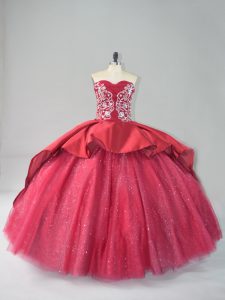 Classical Court Train Ball Gowns Sweet 16 Quinceanera Dress Wine Red Sweetheart Satin and Tulle Sleeveless Lace Up
