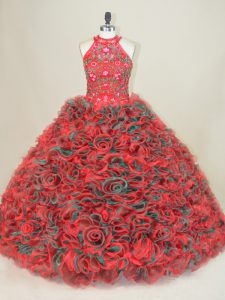 Glorious Multi-color Sweet 16 Dresses Sweet 16 and Quinceanera with Embroidery Halter Top Sleeveless Brush Train Lace Up