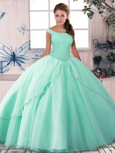 Best Tulle Off The Shoulder Sleeveless Brush Train Lace Up Beading Quinceanera Dresses in Apple Green
