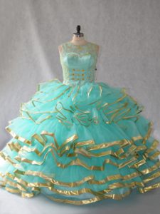 Stylish Ball Gowns Vestidos de Quinceanera Aqua Blue Scoop Organza Sleeveless Floor Length Lace Up