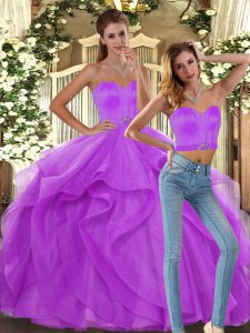 Artistic Lilac Ball Gowns Tulle Sweetheart Sleeveless Ruffles Floor Length Lace Up Sweet 16 Dress