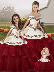 Wine Red Sleeveless Embroidery and Ruffled Layers Lace Up Quinceanera Dress
