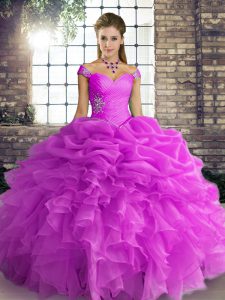 Affordable Floor Length Lilac Quinceanera Gowns Organza Sleeveless Beading and Ruffles and Pick Ups