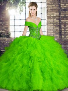 High End Sleeveless Floor Length Beading and Ruffles Lace Up 15th Birthday Dress with Green