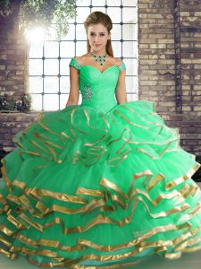 Best Turquoise Lace Up Off The Shoulder Beading and Ruffled Layers 15th Birthday Dress Tulle Sleeveless