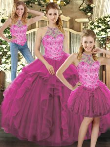High Class Beading and Ruffles Quinceanera Dresses Fuchsia Lace Up Sleeveless Floor Length