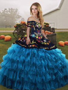 Sleeveless Organza Floor Length Lace Up Sweet 16 Dresses in Blue And Black with Embroidery and Ruffled Layers