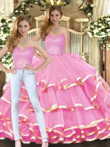Floor Length Lace Up Sweet 16 Dresses Rose Pink for Military Ball and Sweet 16 and Quinceanera with Ruffled Layers