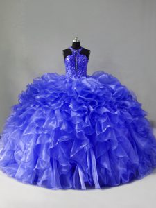 Pretty Brush Train Ball Gowns Ball Gown Prom Dress Blue Halter Top Organza Sleeveless Zipper