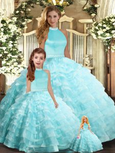 Aqua Blue Ball Gowns Organza Halter Top Sleeveless Beading and Ruffled Layers Floor Length Backless Quinceanera Dress