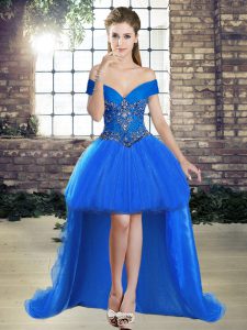 Customized Off The Shoulder Sleeveless Lace Up Prom Evening Gown Blue Tulle