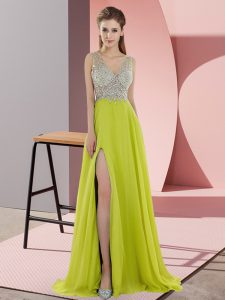 V-neck Sleeveless Prom Gown Sweep Train Beading Yellow Green Chiffon