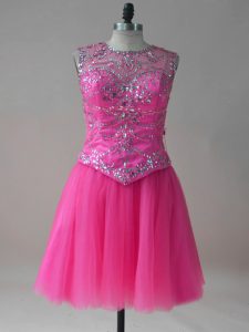 Flirting Hot Pink A-line Scoop Sleeveless Tulle Mini Length Lace Up Beading Homecoming Dress