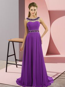 Modern Purple Prom Gown Chiffon Brush Train Sleeveless Beading