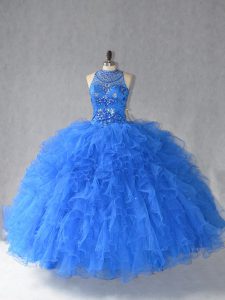 Pretty Royal Blue Sleeveless Beading and Ruffles Floor Length Quinceanera Dress