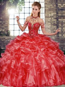 Comfortable Beading and Ruffles Quinceanera Dress Coral Red Lace Up Sleeveless Floor Length